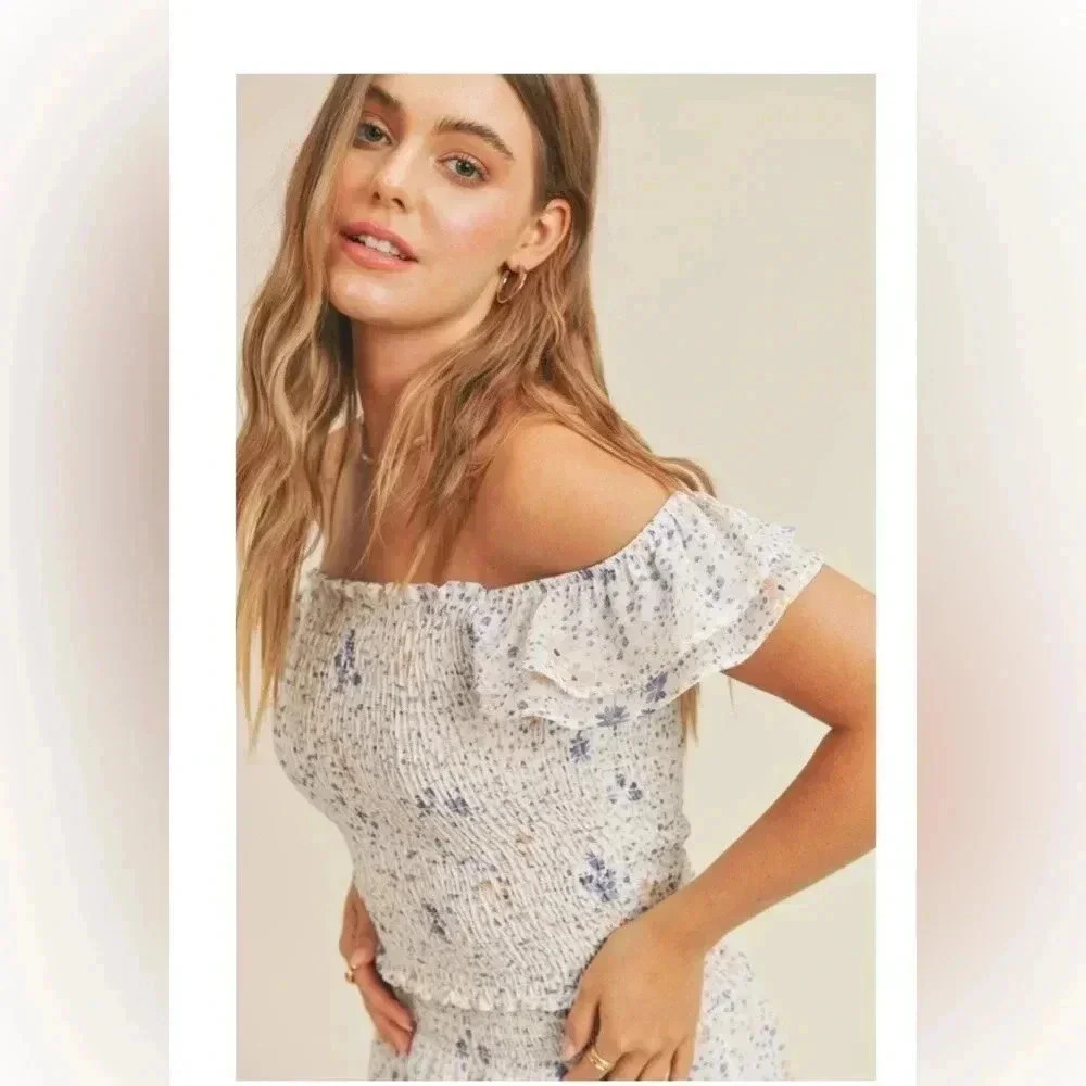 Blue and Orange flower Smocked crop blouse